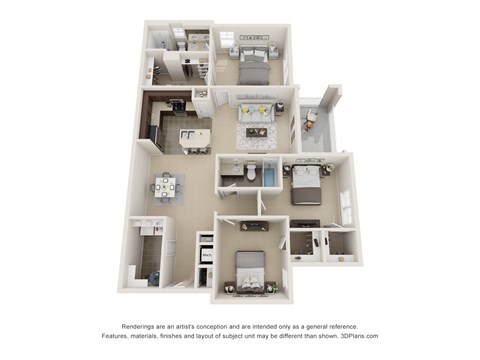 Floor plan for 3 beds, 2 baths, 1422 sqft